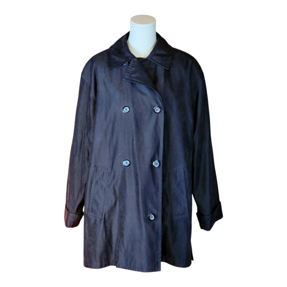 London Fog Black Double-Breasted Trench Coat Zip-Out Liner Water-Resistant Sz M